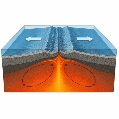 Cross-section of seafloor spreading at a mid-ocean ridge with plates moving apart.