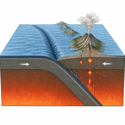 Oceanic-oceanic plate convergence with subduction, trench, and volcanic island arc.