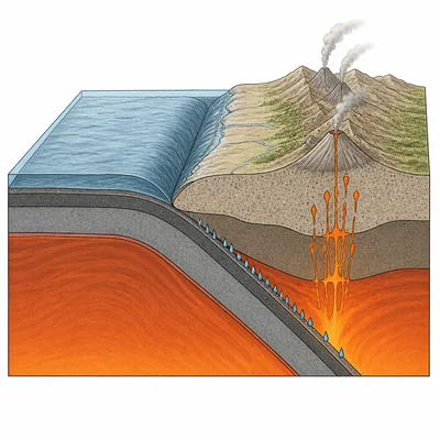 Oceanic plate subducting beneath a continental plate, forming a trench and continental volcanoes.