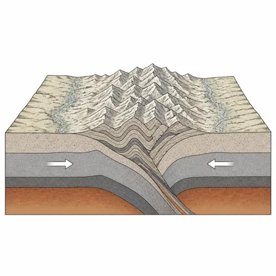 Two continental plates colliding and forming a folded mountain range.