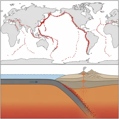 Earthquake dots clustered along a tectonic plate boundary.