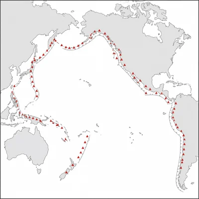 Simplified Pacific basin map with volcanoes forming a ring around its edges.