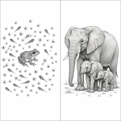 A comparison of many small offspring with little care versus few offspring with parental care.