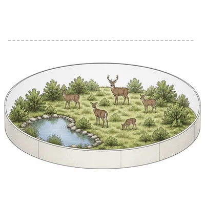 A habitat with limited resources supporting a sustainable group of deer near a capacity boundary.