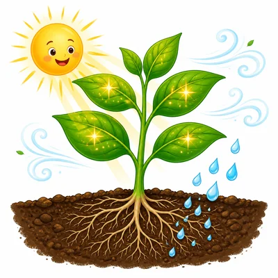 A green plant receiving sunlight, air, and water.