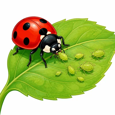 A ladybug near tiny aphids on a leaf.