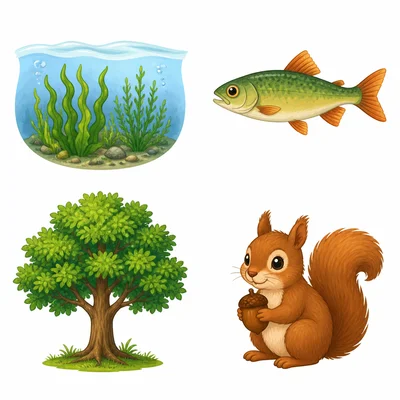 Algae, a fish, a tree, and a squirrel.