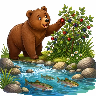 A bear with berries and fish.
