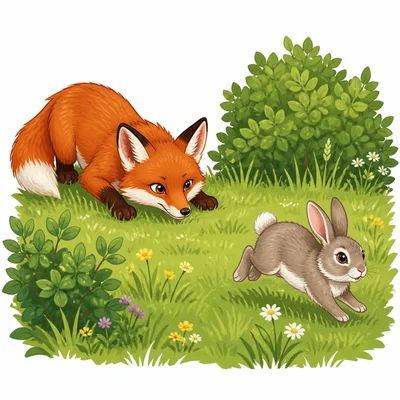 A fox hunting a rabbit in a meadow.