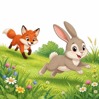 A rabbit being chased by a fox.