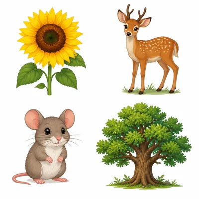 A sunflower, deer, mouse, and oak tree.