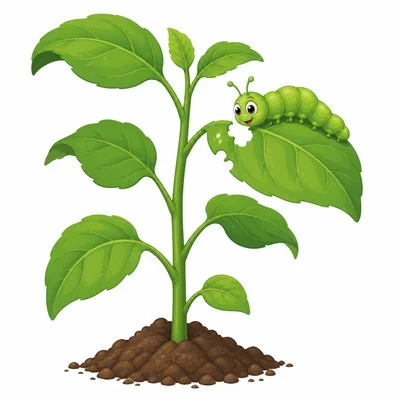 A caterpillar eating leaves from a plant.