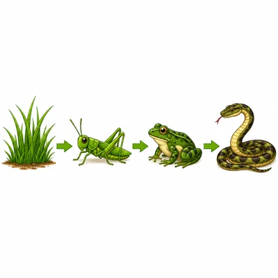 A food chain showing grass, grasshopper, frog, and snake.