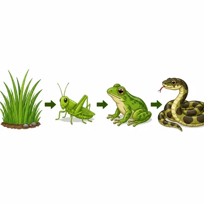 A food chain with grass, grasshopper, frog, and snake.