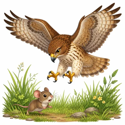 A hawk swooping toward a mouse.