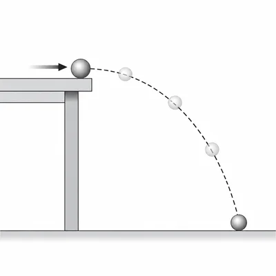 Ball rolling horizontally off a table and following a parabolic path to the floor.