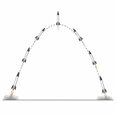 Toy rocket launched at an angle and returning to ground level.