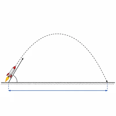 Toy rocket projectile path with horizontal range shown along the ground.