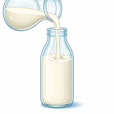 Milk is poured into a bottle and takes the bottle's shape.