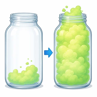 A gas cloud spreads to fill the shape of a jar.