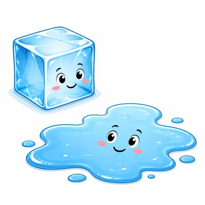 An ice cube keeps a cube shape while liquid water spreads into a puddle.