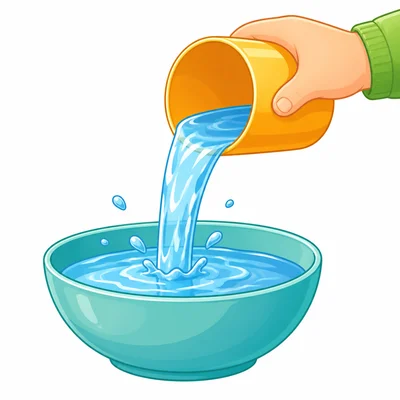 Water is poured from a cup into a bowl and takes the bowl's shape.