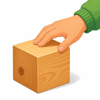 A wooden block with visible grain is being touched by a hand.
