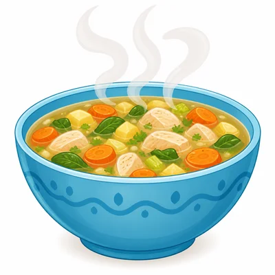 Steam rises in wisps from a bowl of hot soup.