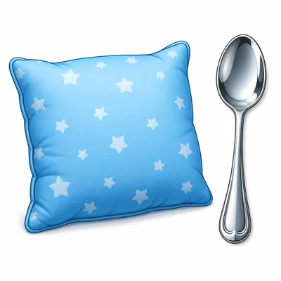 A soft pillow is shown beside a shiny metal spoon.