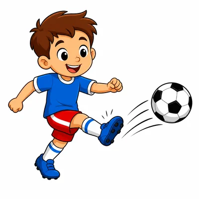 A child kicking a soccer ball away.