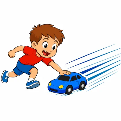 A child pushing a toy car hard.