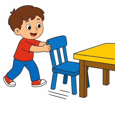 A child pulling a chair toward a table.