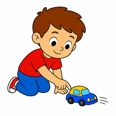 A child gently pushing a toy car.