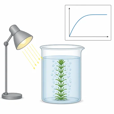 Aquatic plant under a lamp releasing bubbles, with an unlabeled graph showing photosynthesis increasing then leveling off.