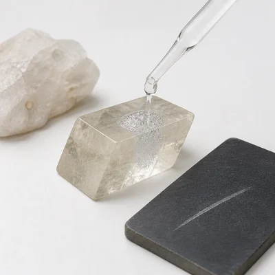 Mineral sample fizzing under an acid drop with a scratch test plate nearby.