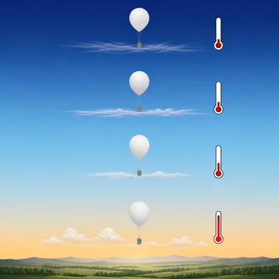 Weather balloon rising through the atmosphere with thermometers showing temperature decreasing with altitude.