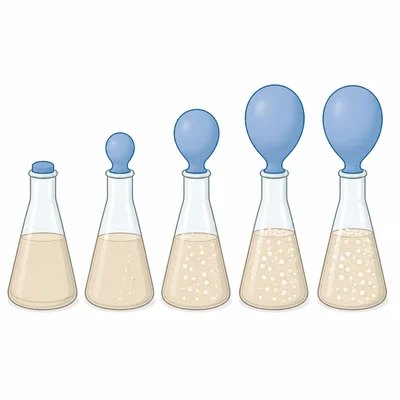 Yeast fermentation flasks showing carbon dioxide production increasing and then leveling off.