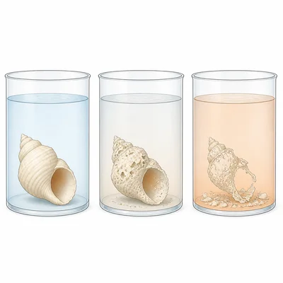 Marine snail shells in seawater showing greater shell erosion under more acidic conditions.