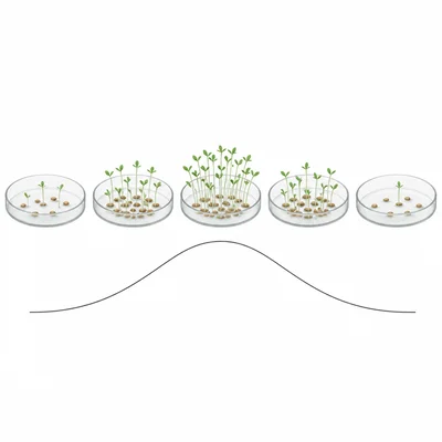 Petri dishes showing seed germination highest in the middle conditions and lower at both extremes.