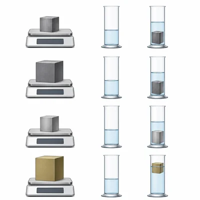 Metal samples compared using balances and water displacement to illustrate density.