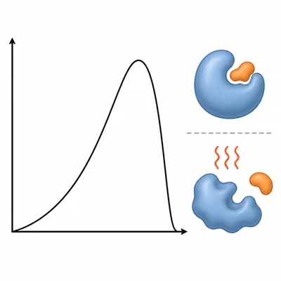 Unlabeled enzyme activity curve peaking then dropping, with normal and denatured enzyme shapes.