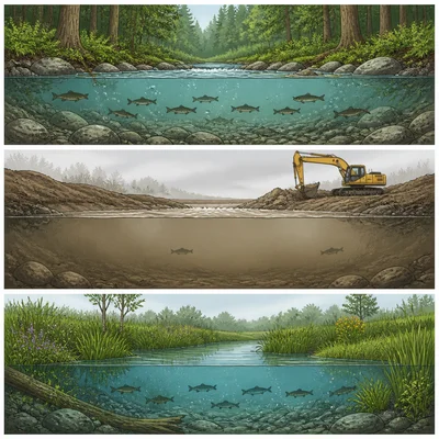 Three stream sites showing clear forest water with many fish, murky construction water with few fish, and restored wetland water with several fish.