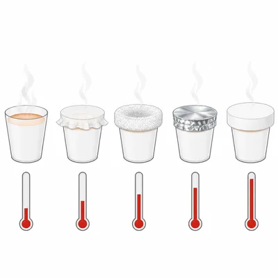 Covered cups with thermometers showing the foam-covered cup retains the most heat.