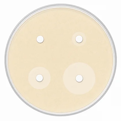 Petri dish showing different antibiotic inhibition zones, with one disk having the largest clear zone.