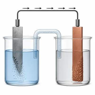 A galvanic cell with arrows showing electrons flowing through the wire from one electrode to the other.