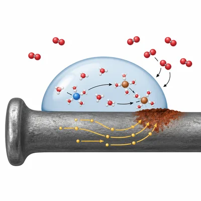 An iron surface under a water droplet reacts with oxygen, forming reddish-brown rust.
