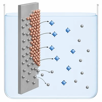 A zinc-like metal strip transfers electrons to copper-like ions, causing copper-colored metal to plate onto the strip.