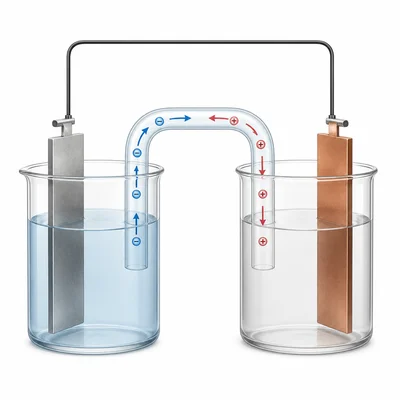A galvanic cell with two beakers connected by a salt bridge carrying ions between the solutions.