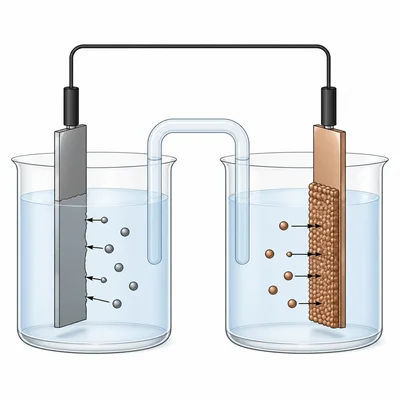 An electrochemical cell showing one electrode dissolving and the other electrode gaining a plated metal layer.