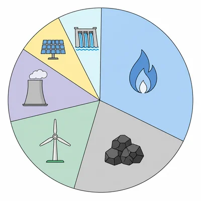 Pie chart of an energy mix with slices for natural gas, coal, wind, nuclear, solar, and hydropower.